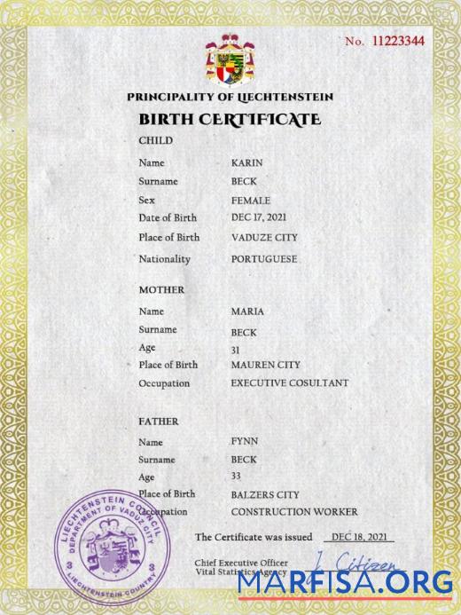 Downloadable Liechtenstein vital record birth certificate PSD template